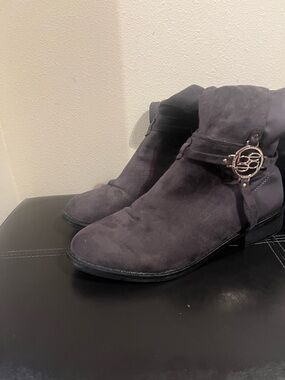 bebe Dark Gray Suede Ankle Heeled Boots with Gold Accent
